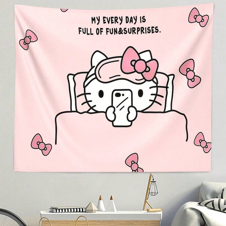 SANRIO 1件Hello Kitty粉色豹纹涤纶纤维2D挂毯，适用于卧室、客厅、家居装饰，时尚礼品 - 彩色 - 查看 1