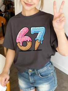T-shirt imprimé graphique de crème glacée pour adolescentes, convient pour les sports de plein air des filles, le port casual quotidien, le style de rue, le style campus, un Top polyvalent pour les filles au printemps/été - Gris foncé - Voir 3