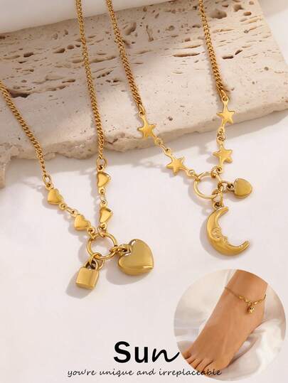 1pc Stainless Steel Heart Pendant Chain Anklet For Women Lock Moon Star Charms Ankle Bracelets On Leg Foot Beach Jewelry Valentines Gift