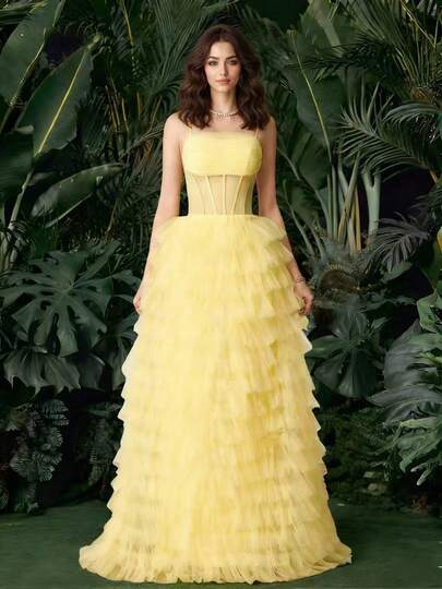 Layered Tulle Dress, High Waist Sexy Sheer Spaghetti Strap Cocktail Gown, Elegant Puff Cake Skirt Dress For Birthday Party, Wedding Guest, Cocktail Party