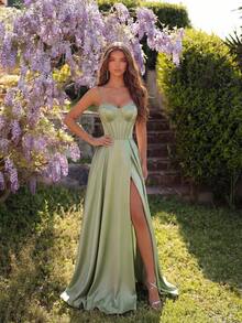ADYCE Vestido largo de mujer elegante de unicolor con tirantes finos, cuello en forma de corazón, cintura alta, abertura alta en la espalda con cruce y lazo, corte de sirena, adecuado para baile de graduación, boda, fiesta, cita, cena formal, fiesta de cumpleaños, fiesta de primavera - Verde - Ver 6