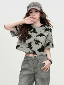 JUTU Summer Grey Round Neck Short Loose Letter Print T-Shirt, Fashionable Versatile Tie-Dye Cropped Top, Casual - 396 Cement Ash - View 1