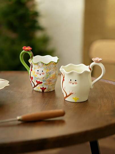 1pc Creative Cute Hand-Painted Ceramic Flower Mug, Home Decor