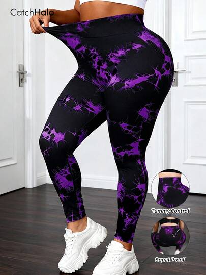 Plus Size High Waist Seamless Tie-Dye Yoga Pants, Super Stretchy Waist & Abdomen Control Lifting Design, Soft Quality Fabric Suitable For Autumn/Winter Daily Fitness, Outdoor Running, Body Shaping Sports Leggings