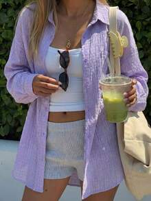 1件女士轻薄透明紫色长袖休闲度假风防晒衬衫，夏季 - 紫色 - 查看 1