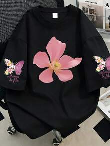 字母與花卉印花T恤，大尺碼女款休閒夏季上衣，海灘、春季、母親節、日常穿著、婚禮、海灘、健身、畢業黑色 - 黑色 - 查看 1