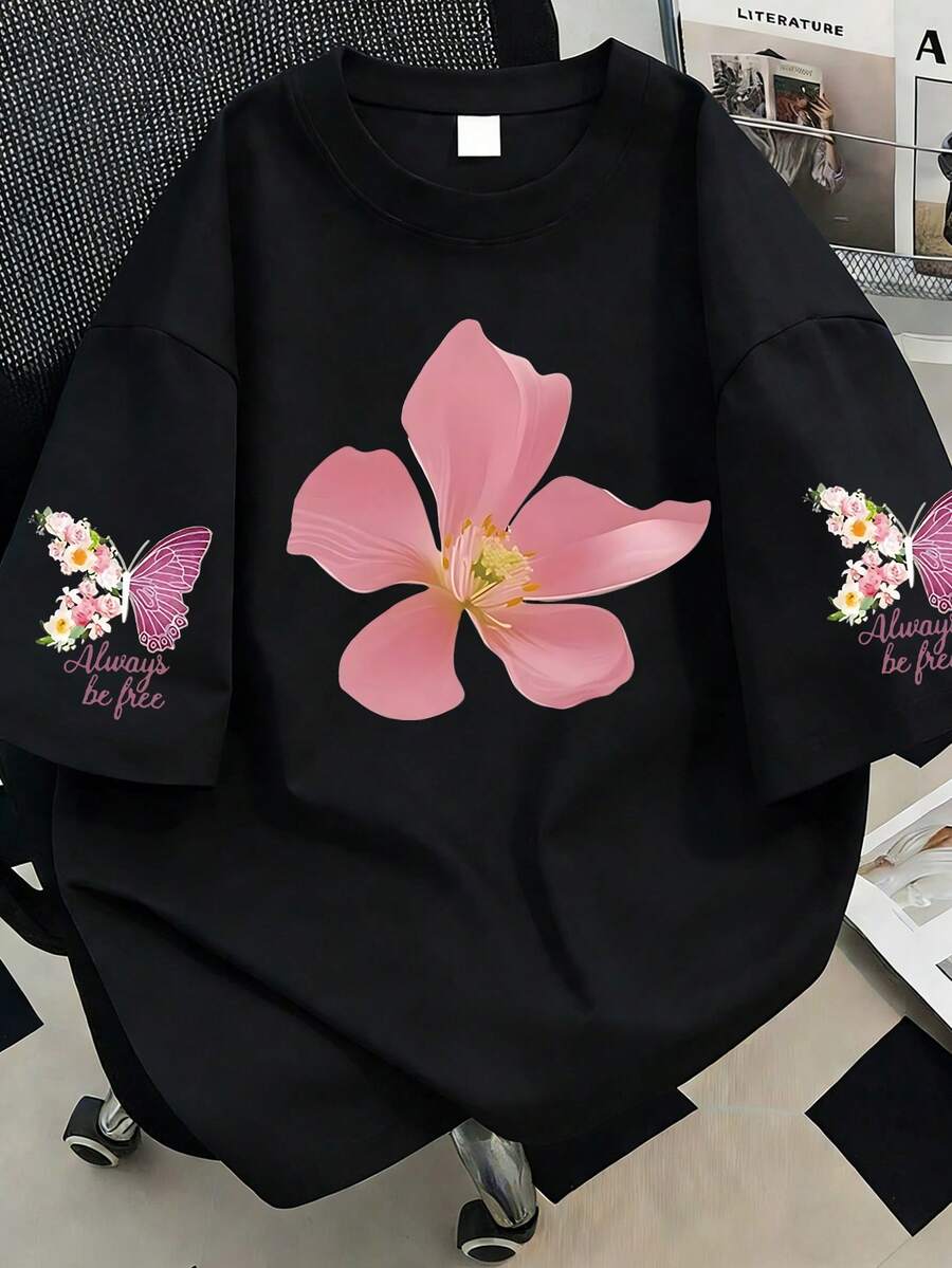 字母與花卉印花T恤,大尺碼女款休閒夏季上衣,海灘、春季、母親節、日常穿著、婚禮、海灘、健身、畢業黑色 - 黑色 - 查看 1