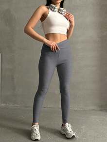 Casual Versatile Solid High Waist Leggings - Dark Grey - View 3