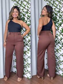Women's Tailored Trousers, High-Waisted Wide Leg, Elegant Formal Style - Dark Brown - View 1