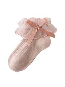 1 Pair White/Pink Lace Trim Socks, Girls Bowknot & Heart Embroidery Mesh Socks, Thin Children Dance Stockings, Princess Socks - Multicolor - View 7