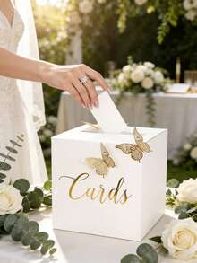 13Pcs Elegant White Wedding Card Box For Reception With 3D Gold Butterflies And Foil Cards Sign, Folding Money Gift Card Holder For Anniversary And Bridal Shower Party - Multicolor - View 8
