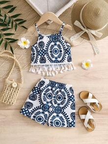 2pcs/Set - Baby Girl Summer Outfit, Blue & White Vintage Pattern 2-Piece Set, Tassel Camisole + Matching Shorts, Vacation Style Eye-Catching Cute Outfit - Blue - View 2