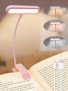 1 pieza Luz de lectura con pinza LED rosa, 3 temperaturas de color, regulable, lámpara de lectura portátil y mini para mesita de noche - Baterías no incluidas, luz LED con pinza, adecuada para lectura nocturna, brillo ajustable, luz de libro flexible 360°, se adapta a cama y tableta - Lámpara con clip para libros - Ver 2