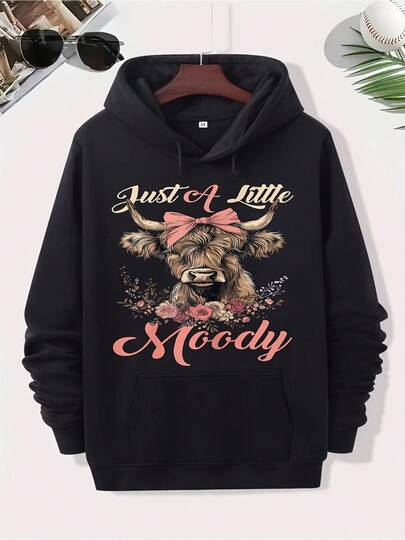 Men'S & Women'S Funny Highland Cow Graphic Hoodie With "Just A Little Moody" Text - Black Blend Pullover Sweatshirt, Kangaroo Pocket, Comfortable Regular Fit For Game Day, Casual & Casual Attire - Edgy Farm Animal Design Unisex Hooded Sweatshirt