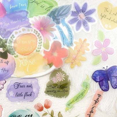 SCXXBSW 50张英文水彩混合双面透明PET贴纸，DIY字母贴纸 | 卡通装饰贴纸，适用于笔记本、手机、笔记本电脑、水瓶、行李箱等