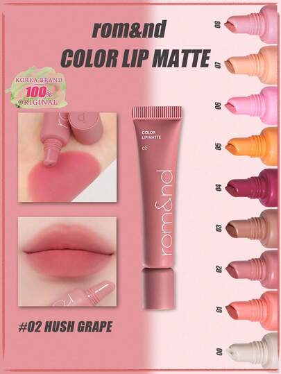 Rom&nd 02 HUSH GRAPE Rouge à lèvres mat, texture légère de mousse, iridescent dégradé, finition miroir non collante, ton chaud illumine le teint, tenue longue durée 12 heures, facile à superposer, soin adoucissant à l'acide hyaluronique, rouge à lèvres romantique portable, illumine instantanément au bureau, mise au point douce prête pour la caméra, maquillage coréen, 8g/0,28oz