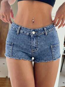 女士休闲牛仔迷你短裤，毛边直筒设计，中等弹力面料 - 藍色 - 查看 1