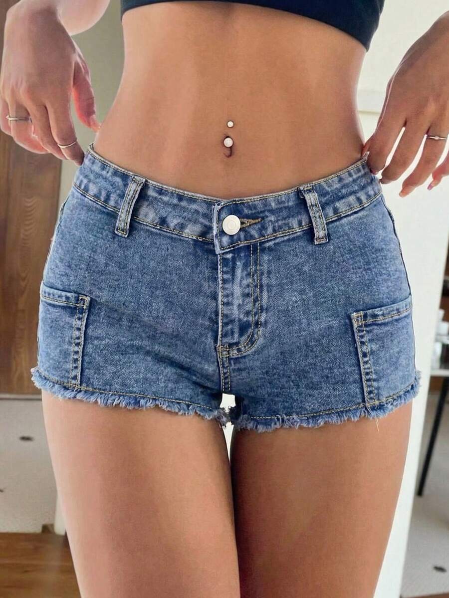 女士休闲牛仔迷你短裤，毛边直筒设计，中等弹力面料 - 藍色 - 查看 1
