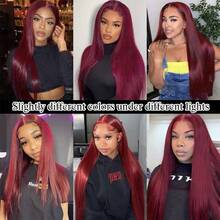 酒红色透明蕾丝直发13x4蕾丝前假发，预先拔毛，透明蕾丝前真人混纺假发，99J红色假发，8-34英寸，女士款 - SBUG - 查看 9