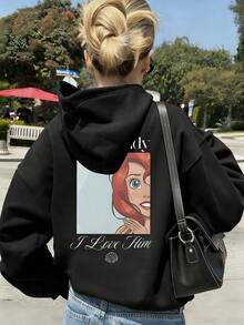 Disney Women's Hooded Sweatshirt Features A Disney Princess Ariel Cartoon Lettering Print Autumn/Winter Hooded Sweatshirt Soft, Comfortable, And Warm Fabric Essential Autumn/Winter Wardrobe Piece Perfect For Everyday Casual Wear, Travel, Or Shopping Also Makes An Ideal Gift - 黑色 - 查看 1