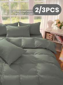 2/3件套纯色被套套装,100%纯棉床上用品套装,柔软透气,亲肤防起球,时尚家纺,房间装饰,包含被套和枕套,不含被芯,四季皆宜 - 軍綠色 - 查看 3
