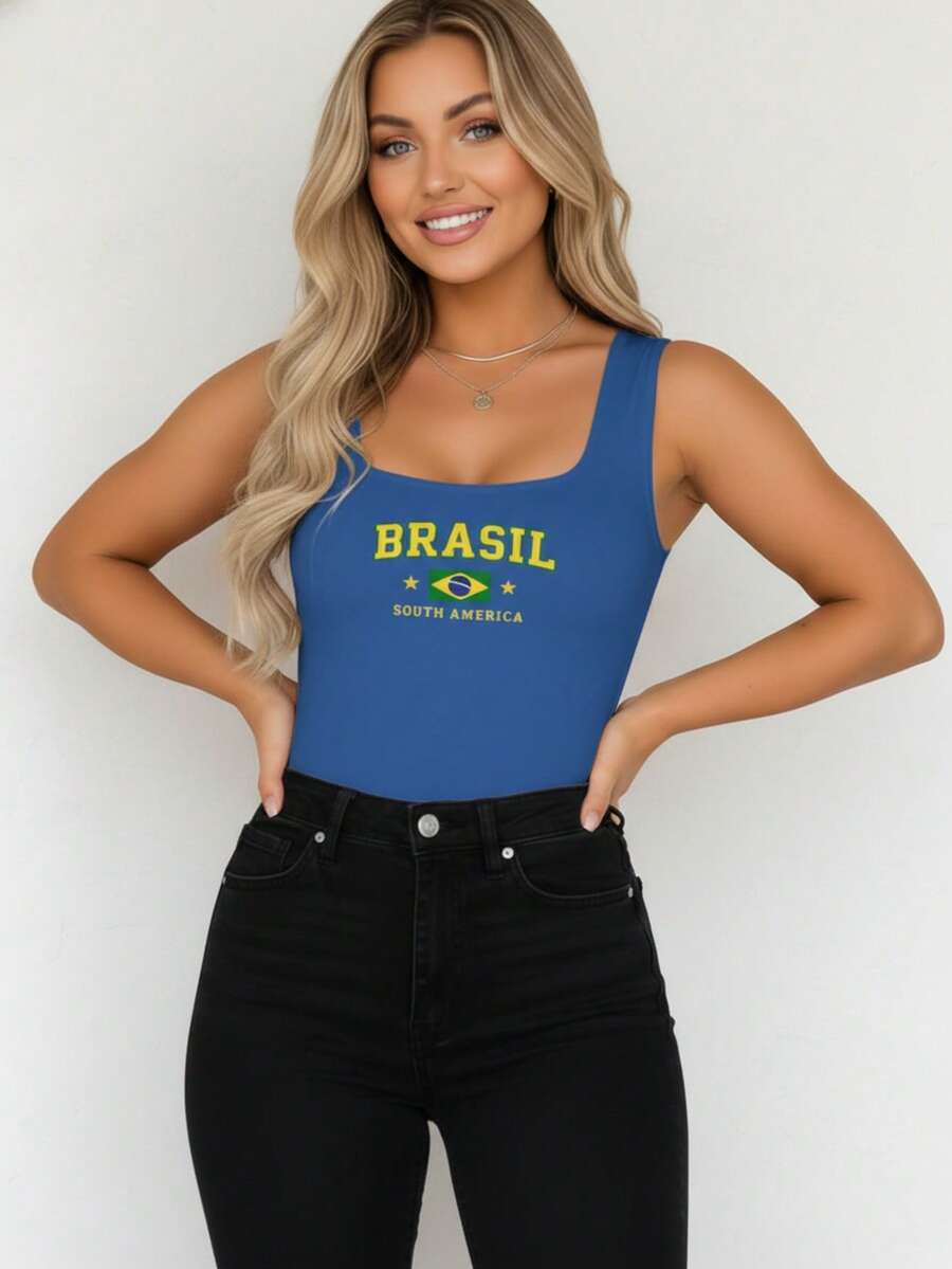 Women's Tank Top Bodysuit With Square Neckline, Brazil, South America, Printed, Chic, Elegant, Basic, Versatile, - 藍色 - 查看 1