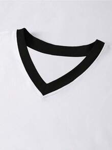Blusa de cuello en V personalizada, camisa negra y blanca, top casual de verano personalizado, se puede imprimir su logotipo/número de la suerte/agregar su texto/nombre/número de jugador/fecha de aniversario/diseñe su propia camiseta impresa personalizada/excelente para fiestas, ver juegos con amigos, uniformes de equipo - Blanco y Negro - Ver 4