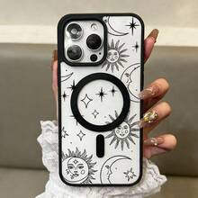 Sun, Moon And Star Print Pattern Phone Case, Transparent Shock-Proof Phone Case With Magnetic Wireless Charging Cover, Protection Design Compatible With IPhone XR 11 12 13 14 15 Plus 16 Pro Max 17 Air Series - Multicolor - View 5