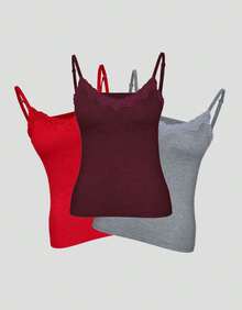 Set Of 3 Padded Blouses With Lace Detail, Plain Print, Basic Everyday Wear - Multicolor - View 1