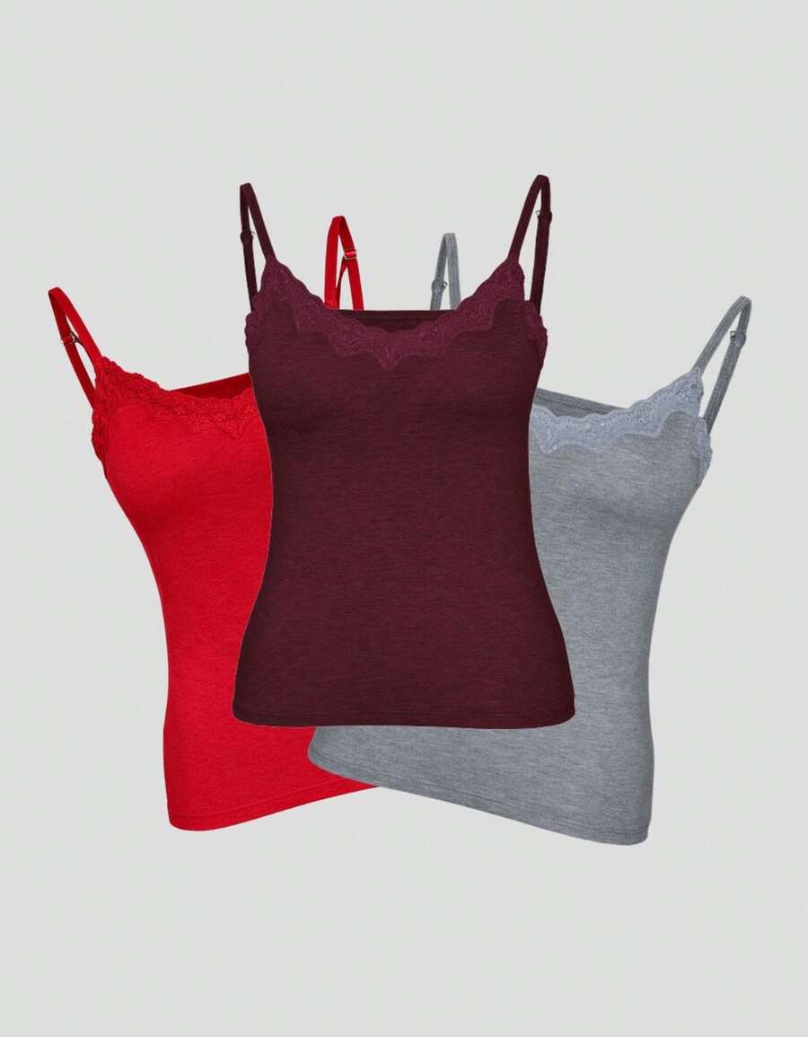 Set Of 3 Padded Blouses With Lace Detail, Plain Print, Basic Everyday Wear - Multicolor - View 1