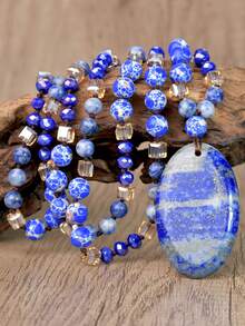 Bohemian Handmade Knotted Natural Stone Long Necklace, Vintage Oval Sodalite & Rhodonite Pendant Necklace, Retro Couple Necklace - Multicolor - View 2