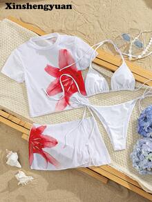 新盛源4件套新年、情人节服装，性感优雅显瘦定位印花图案，精细网纱无袖上衣，欧美时尚，度假海滩和游泳池，休闲郊游海边派对豪华比基尼套装，可拆卸泳衣胸垫，节日服装，女士泳装，女士上衣，假日搭配服装，夏季阳光海滩服装，冬季温泉泳衣泳裤。 - 彩色 - 查看 9