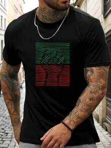 Camiseta Casual de Verano para Hombre con Estampado de Puño - Verde. Cuello redondo. Manga corta. Algodón. Corte Regular. Moda para Adultos. Ropa casual de verano   Camiseta de cuello redondo   Tela ligeramente elástica - Negro - Ver 7
