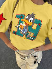 1pc Casual Cartoon Duck & Number/Letter Print T-Shirt For Teenage Girls, Soft Round Neck Short Sleeve Top, Suitable For Spring/Summer Street Style, Outdoor Activities, School, Shopping, Etc. - Yellow - View 5