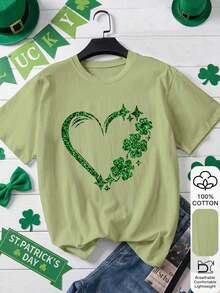 T-shirt de manga curta feminina 100% algodão para o Dia de São Patrício com estampado de trevo e coração, top casual de tecido macio, t-shirt gráfica para verão e férias na praia - Verde claro - Ver 2