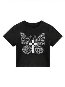 2026夏季新款女式露脐上衣，修身设计，蝴蝶印花图案，朋克街头风，百搭圆领T恤 - 黑色 - 查看 4