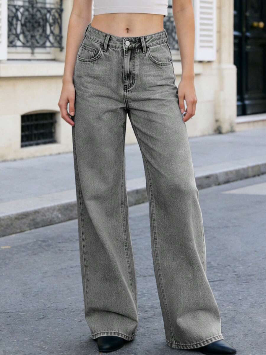Jeans casuales de pierna recta larga de mujer en gris sin lavar, sin estiramiento, con detalles de bolsillo de moda, diseño único, 72% algodón, ropa de primavera/verano - Gris - Ver 1