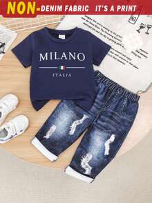 2pcs Baby Boy/Girl Casual Letter & Graphic Print Short Sleeve T-Shirt And Denim-Like Print Pants Set, Comfortable & Lightweight For Summer - Blue - View 1