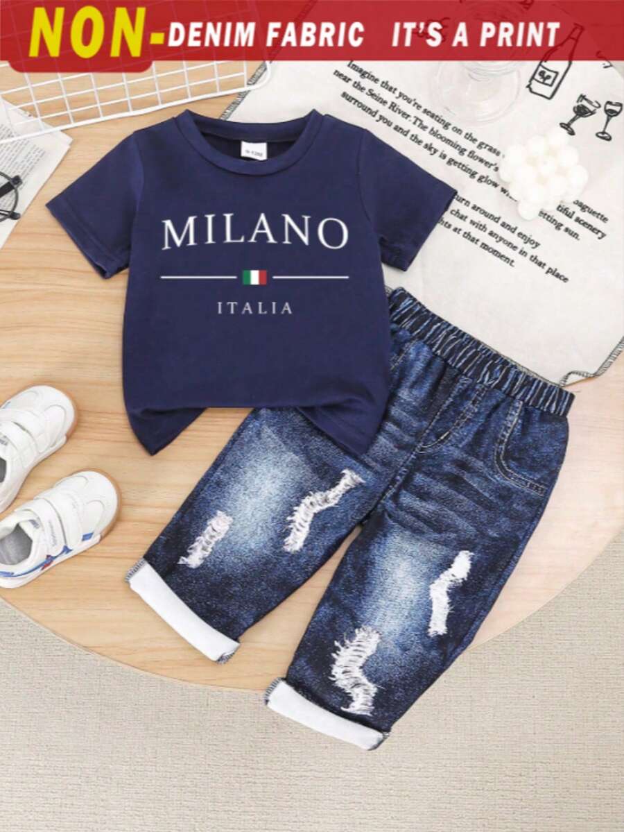 2pcs Baby Boy/Girl Casual Letter & Graphic Print Short Sleeve T-Shirt And Denim-Like Print Pants Set, Comfortable & Lightweight For Summer - Blue - View 1