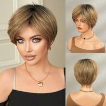 7JHH WIGS 8 Inch Mom Elf Cut Short Bob Brown Wigs With Curtain Bangs - Dark Roots Natural Looking Heat Resistant Synthetic Hair For Daily Wear & Costumes Cosplay & Everyday Style (Tangle-Free, Lightweight) - 鏽棕色 - 查看 12