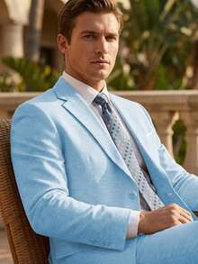 2pcs Men's 2 Piece Light Blue Linen Suits For Men Slim Fit Casual Beach Wedding Summer Grooms Groomsmen Linen Blazer Pants Suit - 淺藍色 - 查看 4