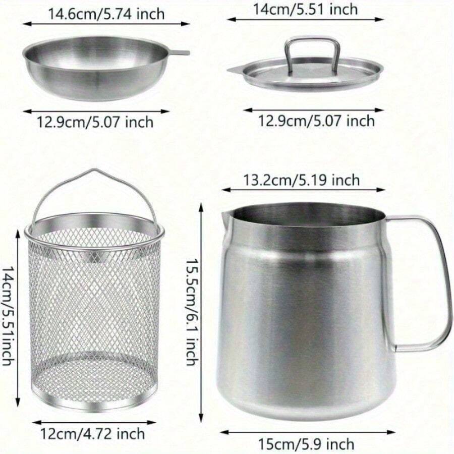 1.5L/2L Stainless Steel Oil Filter Pot, Multifunctional 2 In 1 Oil Strainer Pot For Camping, Large Capacity Bacon Grease Saver With Strainer, Kitchen Cooking Oil Container, Mini Deep Fryer With Basket - 2L - View 1