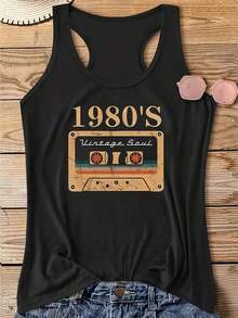 Women's Sleeveless Retro Graphic Tank Top, Cassette Tape Illustration With Vintage Music Theme, Crew Neck Casual Vest For Summer Casual Wear, Nostalgic Styling And Gift Choice - màu đen - Xem 1