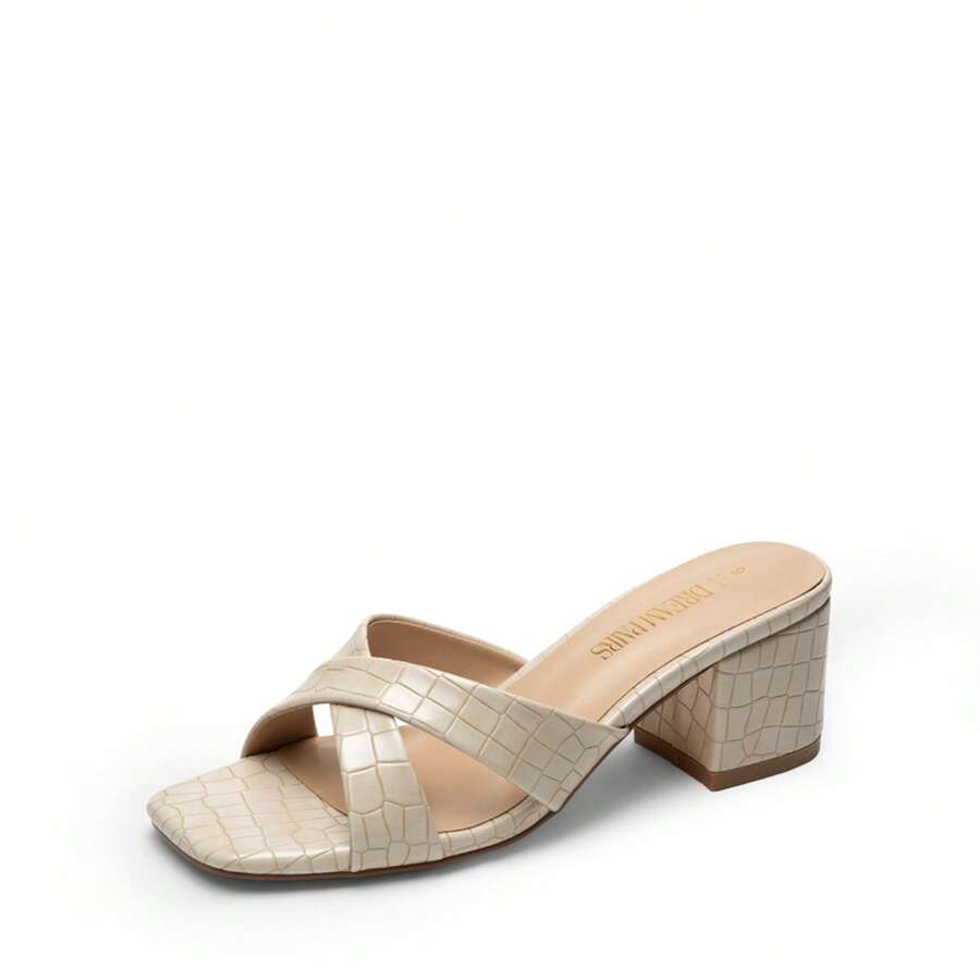 Women Chunky Low Heel Mule Sandals Crocodile Print Open Toe Slip On Heels Summer Slide Sandals - 杏色 - 查看 1