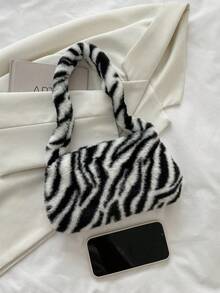 Zebra Print Fuzzy Shoulder Bag (Print Placement Random) - Black and White - View 3