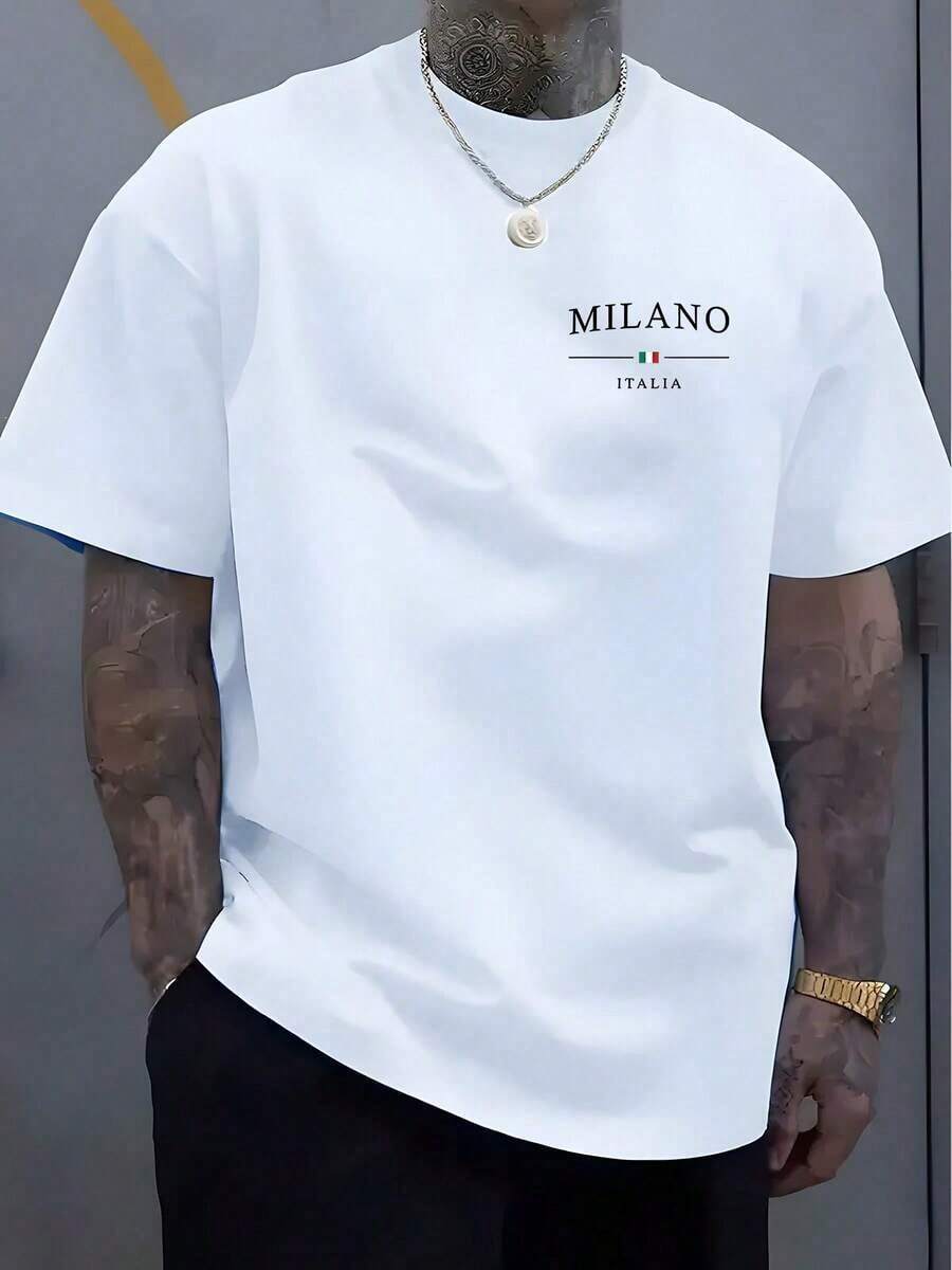Fashion Apparel Men's Casual Short Sleeve T-Shirt - Italian Milan Style Print, Crew Neck Summer Top, Breathable And Comfortable, Machine Washable, Daily Casual Outfit, Fashionable Striped Design, Soft Fabric, Plus Size Classic Versatile - 白色 - 查看 1