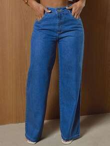 Calça Feminina Reta Mom Fit Confortável Bolsos funcionais Dia a Dia Escritório Escola Casual  Liberdade de Movimento Diário Moda Estilosa - Azul - Visão 2