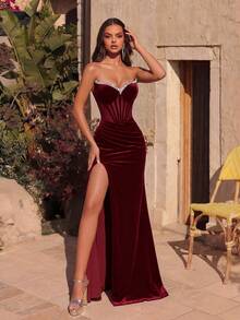 ADYCE Women's Deep V Neck Backless Rhinestone Pleated Front Slit Maxi Party Dress, Formal Gown For Wedding, Prom, Black Elegant Evening Dress Suitable For Wedding Guest, Graduation Ceremony, Banquet - Burgundy - View 6