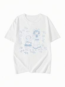 2026夏季新款女式圆领休闲宽松动漫/Y2K印花短袖T恤，百搭学生风 - 白色 - 查看 4