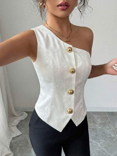 Fashionable & Elegant S-Shaped Sexy Asymmetric Collar Metal Buckle Decor Women's White Blouse, Spring/Summer